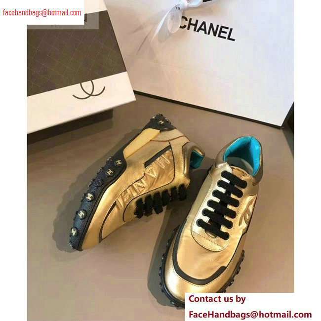 Chanel Logo Metallic Lambskin and Fabric Sneakers G34086 Gold/Black 2020