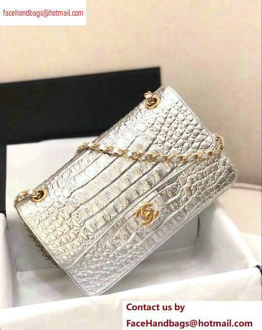 Chanel Metallic Crocodile Embossed Calfskin Medium Classic Flap Bag Silver 2020