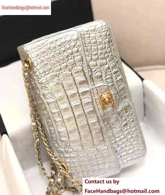 Chanel Metallic Crocodile Embossed Calfskin Medium Classic Flap Bag Silver 2020