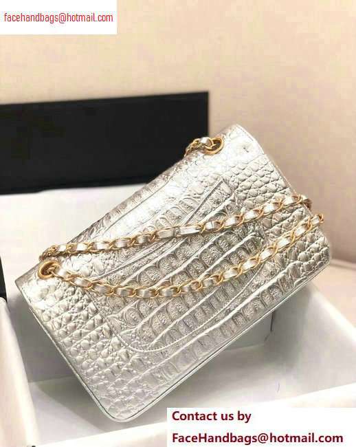 Chanel Metallic Crocodile Embossed Calfskin Medium Classic Flap Bag Silver 2020