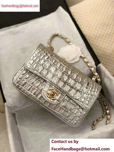 Chanel Metallic Crocodile Embossed Calfskin Mini Classic Flap Bag A69900 Silver 2020