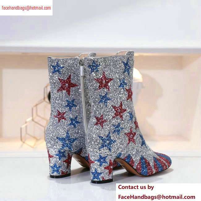 Dior Heel 6.5cm D-Circus Low Boots Stars and Stripes in Glitter Silver 2020