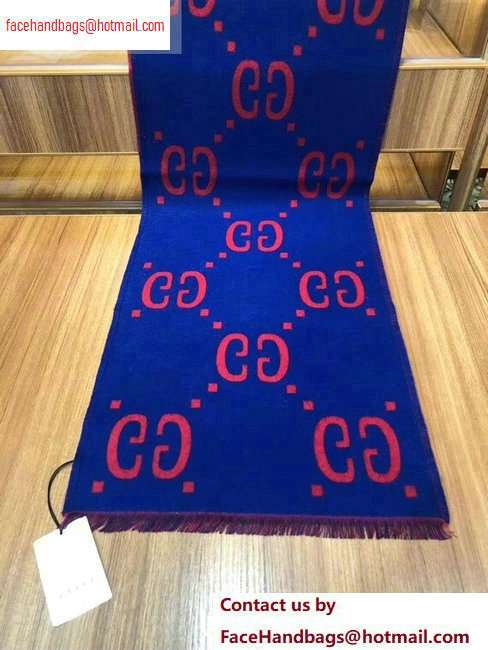 Gucci GG Jacquard Wool Scarf 495592 192x37cm Blue/Red - Click Image to Close