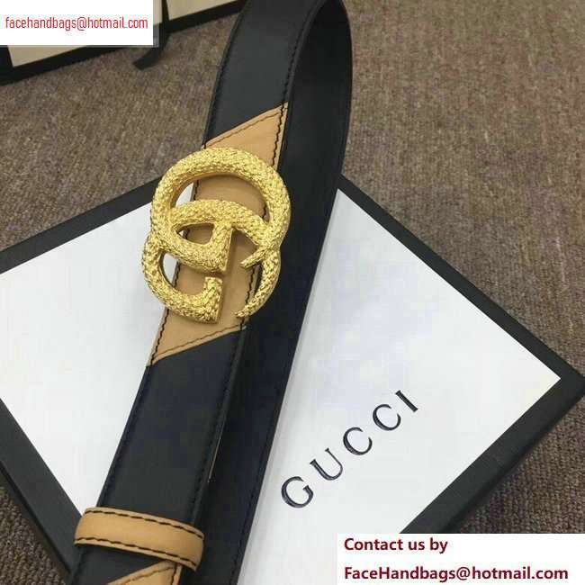 Gucci Width 3cm Diagonal Leather Belt Black/Beige with Textured Double G Buckle