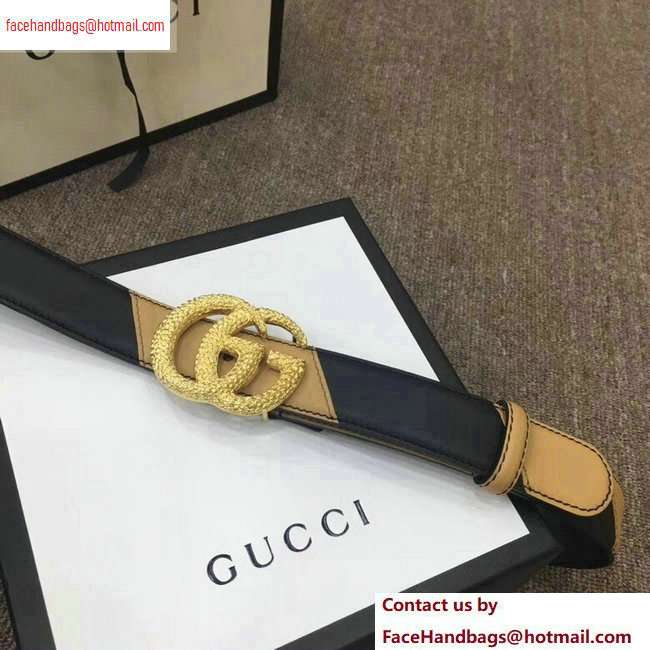 Gucci Width 3cm Diagonal Leather Belt Black/Beige with Textured Double G Buckle