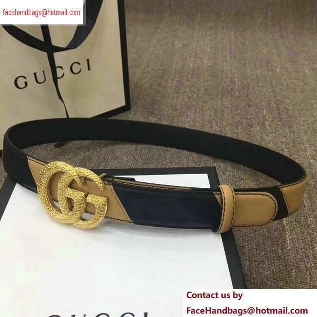 Gucci Width 3cm Diagonal Leather Belt Black/Beige with Textured Double G Buckle