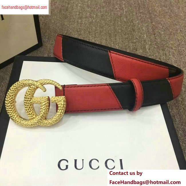 Gucci Width 3cm Diagonal Leather Belt Black/Red with Textured Double G Buckle