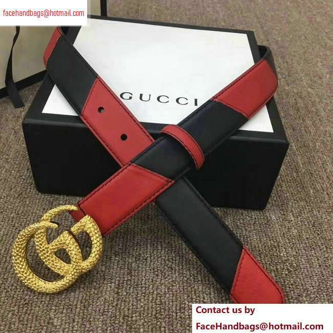 Gucci Width 3cm Diagonal Leather Belt Black/Red with Textured Double G Buckle