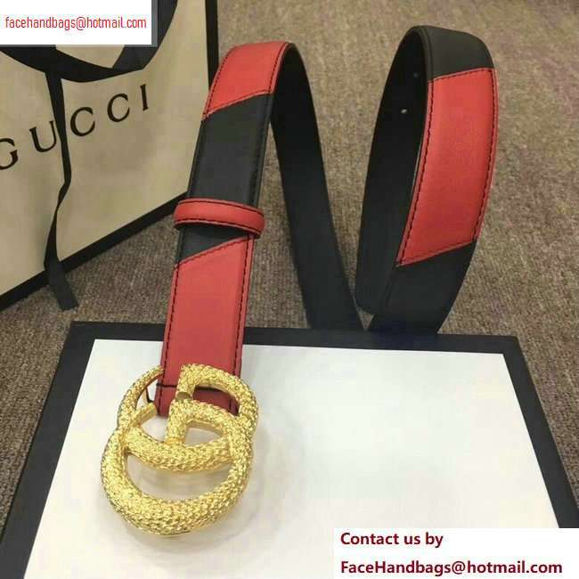 Gucci Width 3cm Diagonal Leather Belt Black/Red with Textured Double G Buckle