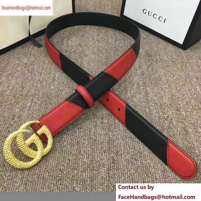 Gucci Width 3cm Diagonal Leather Belt Black/Red with Textured Double G Buckle