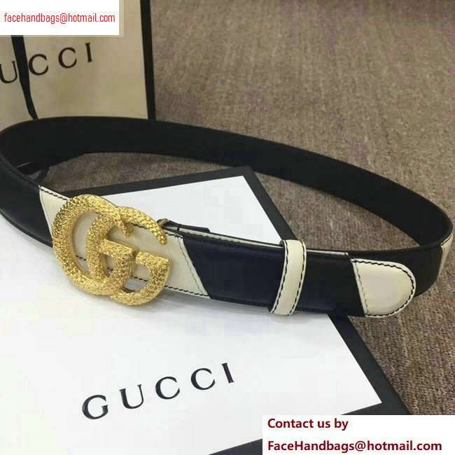 Gucci Width 3cm Diagonal Leather Belt Black/White with Textured Double G Buckle