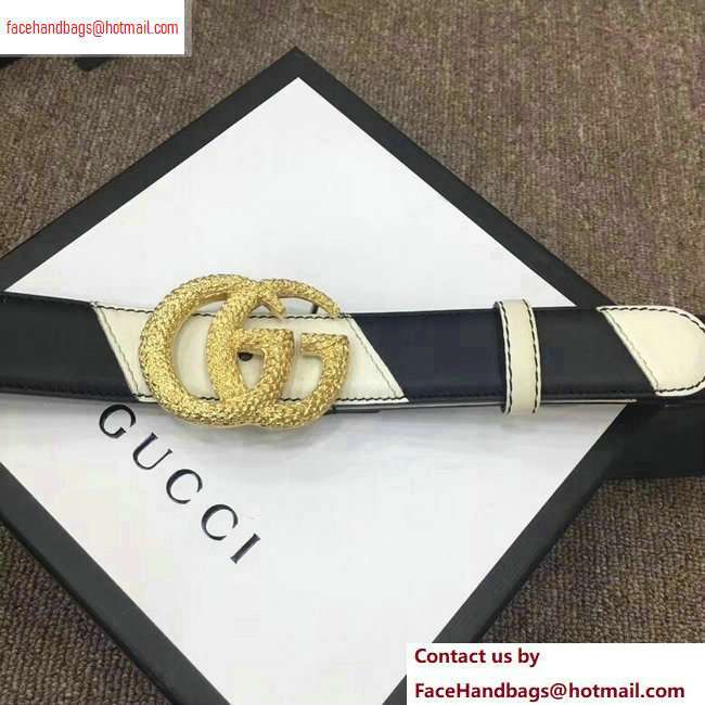 Gucci Width 3cm Diagonal Leather Belt Black/White with Textured Double G Buckle