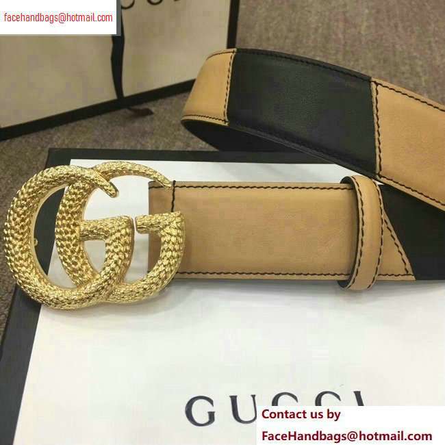 Gucci Width 4cm Diagonal Leather Belt Black/Beige with Textured Double G Buckle