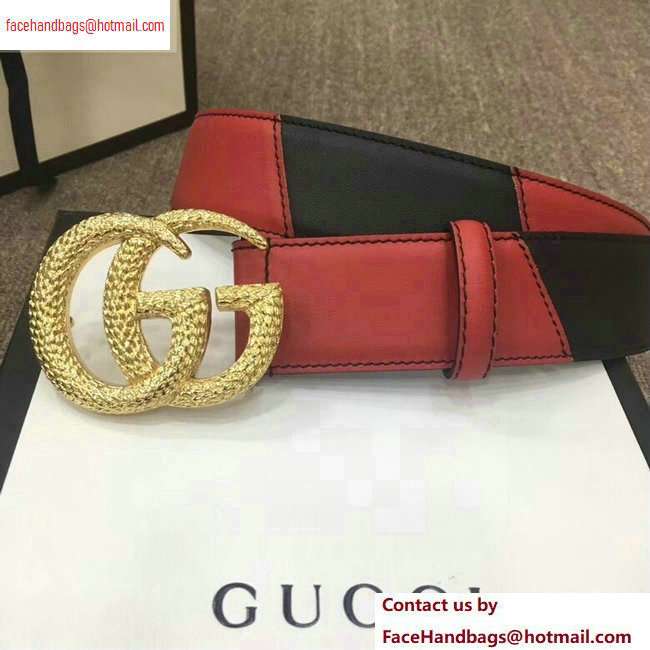 Gucci Width 4cm Diagonal Leather Belt Black/Red with Textured Double G Buckle