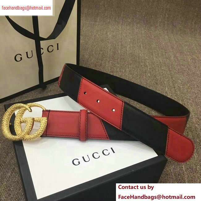 Gucci Width 4cm Diagonal Leather Belt Black/Red with Textured Double G Buckle