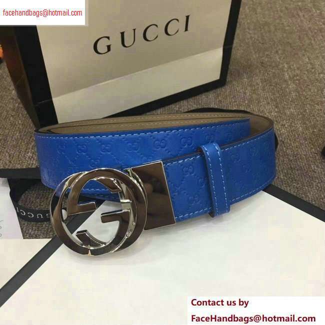 Gucci Width 4cm Signature Leather Belt Blue with Interlocking G Buckle