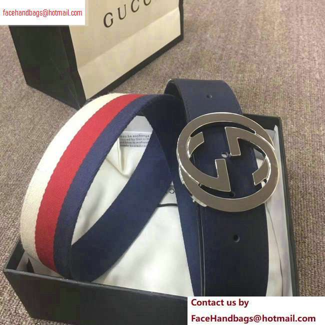 Gucci Width 4cm Sylvie Web and Leather Belt Blue with Interlocking G Buckle