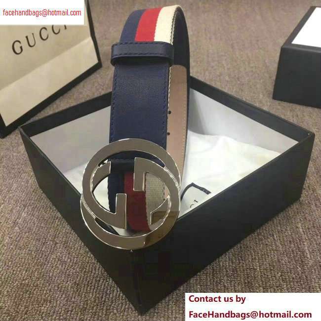 Gucci Width 4cm Sylvie Web and Leather Belt Blue with Interlocking G Buckle