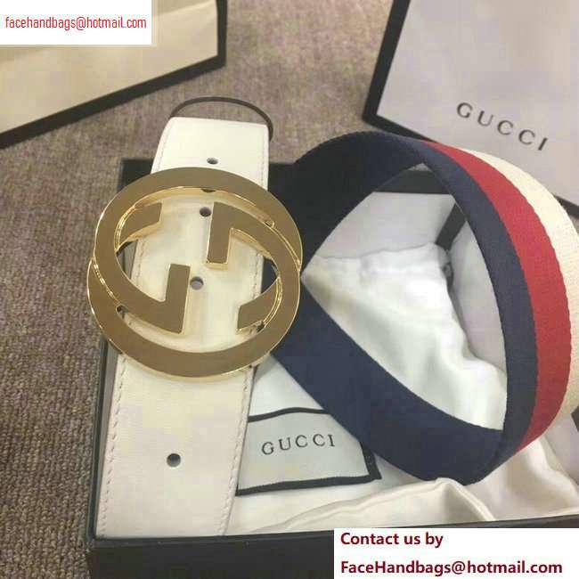 Gucci Width 4cm Sylvie Web and Leather Belt White with Interlocking G Buckle