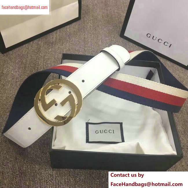 Gucci Width 4cm Sylvie Web and Leather Belt White with Interlocking G Buckle