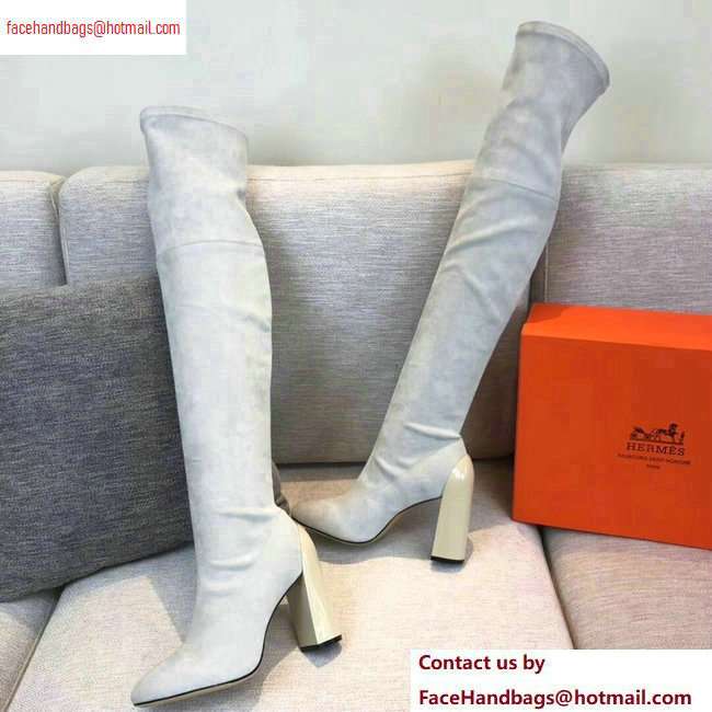 Hermes Heel 10cm Suede High Boots Off White 2020