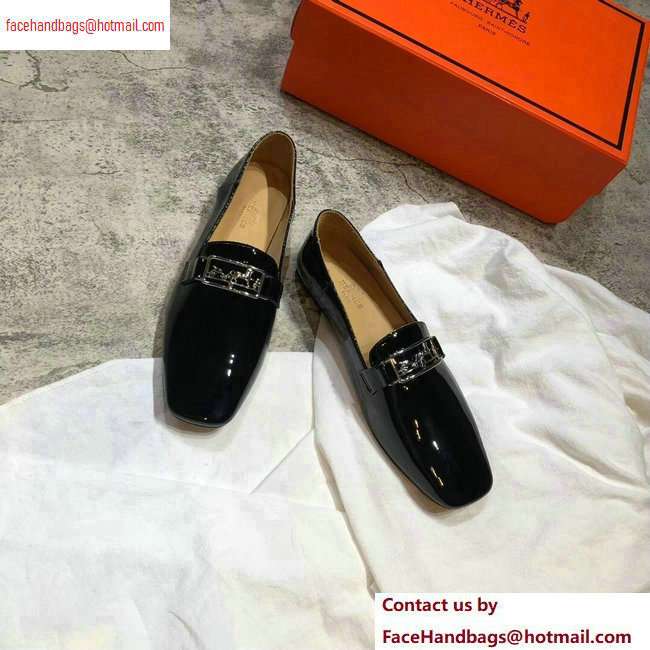 Hermes Openwork Hardware Time Loafers Patent Black 2020