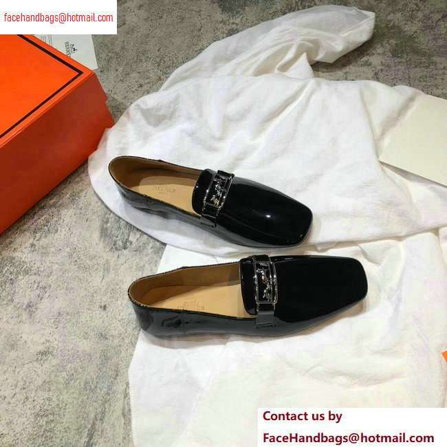 Hermes Openwork Hardware Time Loafers Patent Black 2020