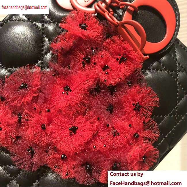 Lady Dior Bag in Black/Red Lambskin with Embroidered Flowers Fall 2020