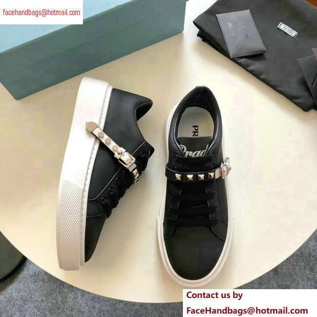 Prada Gabardine Leather Sneakers Black/White Studded Strap 2020