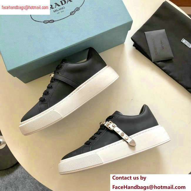 Prada Gabardine Leather Sneakers Black/White Studded Strap 2020