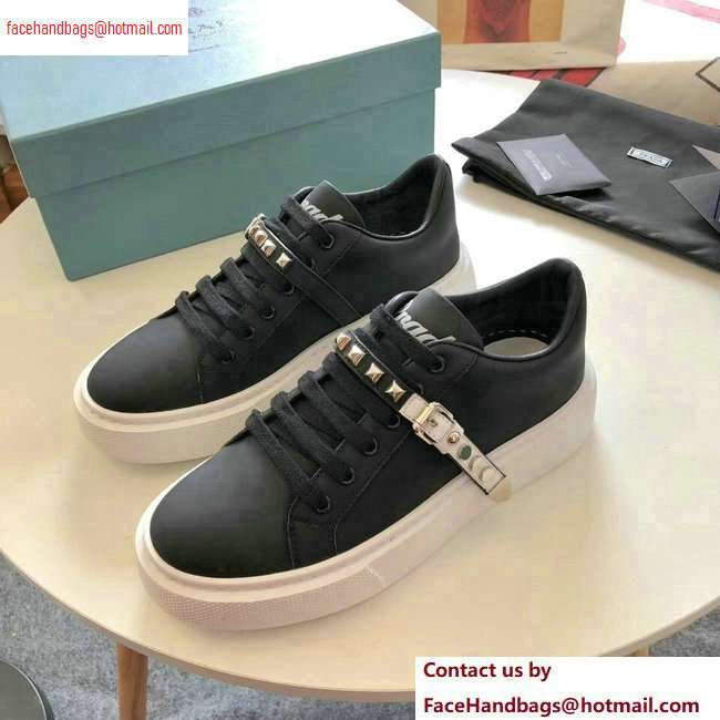 Prada Gabardine Leather Sneakers Black/White Studded Strap 2020