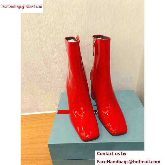 Prada Heel 8.5cm Glossy Patent Leather Square Toe Booties Red 2020