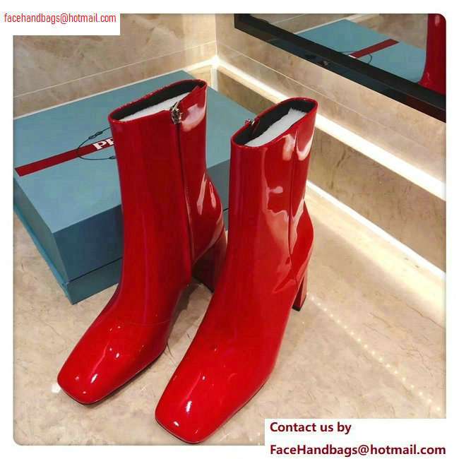 Prada Heel 8.5cm Glossy Patent Leather Square Toe Booties Red 2020