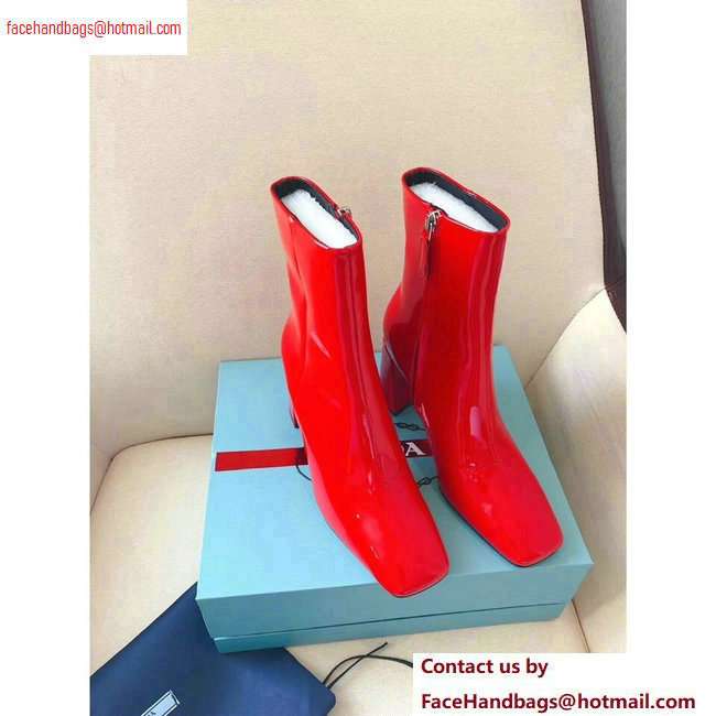 Prada Heel 8.5cm Glossy Patent Leather Square Toe Booties Red 2020