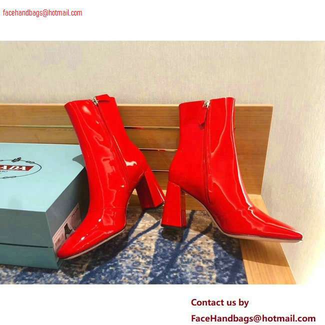 Prada Heel 8.5cm Glossy Patent Leather Square Toe Booties Red 2020