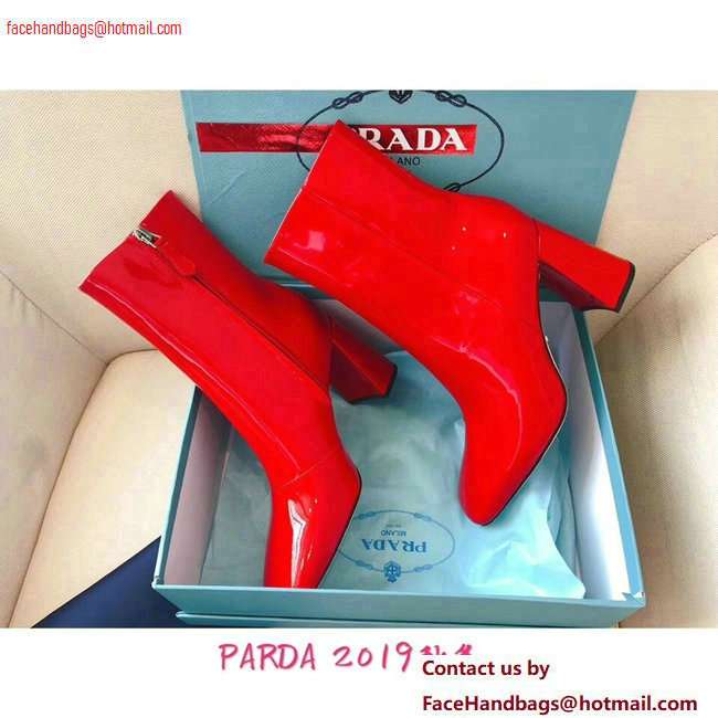 Prada Heel 8.5cm Glossy Patent Leather Square Toe Booties Red 2020