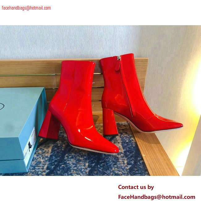 Prada Heel 8.5cm Glossy Patent Leather Square Toe Booties Red 2020