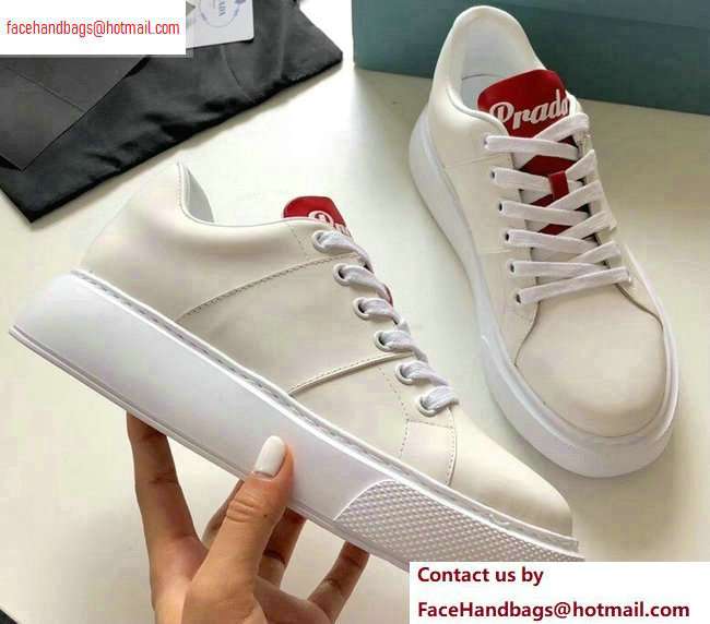 Prada Leather Sneakers White Logo with Red Tongue 2020 - Click Image to Close