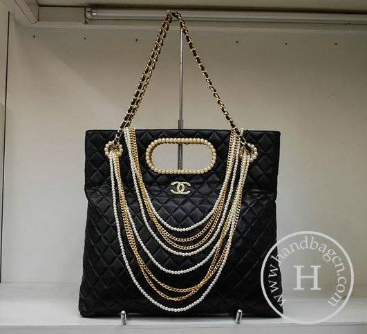 Chanel 35894 Black Lambskin Pearl Chain Replica Handbag