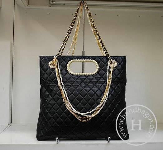 Chanel 35894 Black Lambskin Pearl Chain Replica Handbag