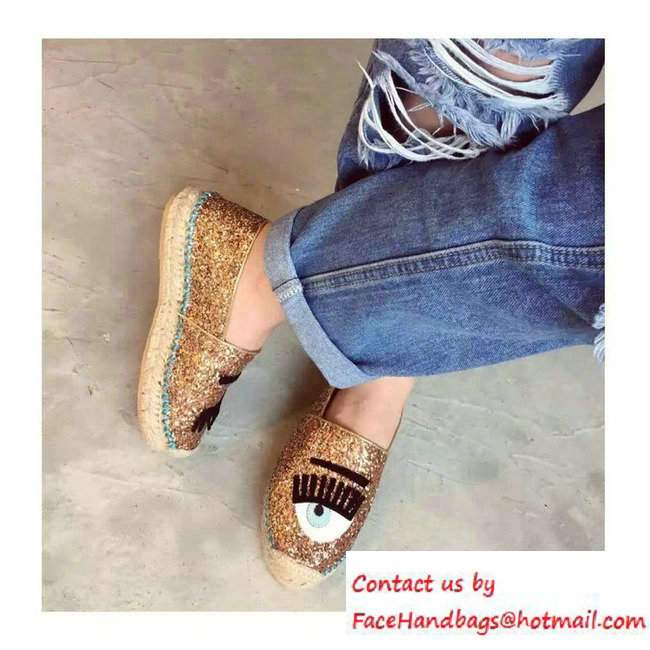 Chiara Ferragni Heel 3cm Blink Eyes Glitter Espadrilles Gold