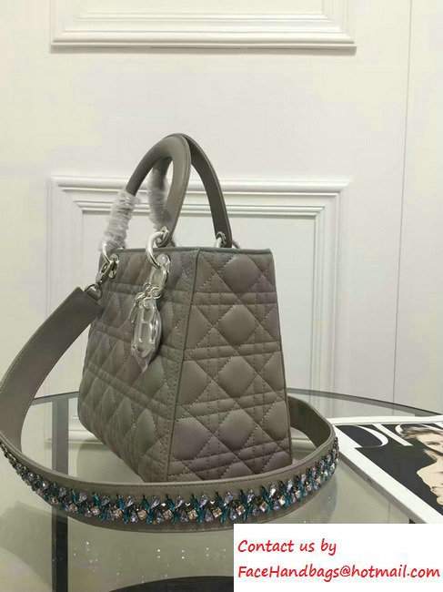 Lady Dior Sheepskin Medium Bag Gray with Embroidered Crystal Chain Shoulder Strap 2016