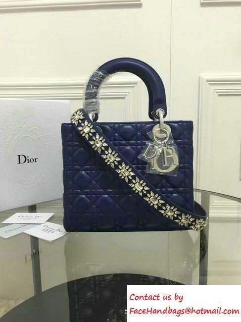 Lady Dior Sheepskin Medium Bag Royal Blue with Embroidered Crystal Chain Shoulder Strap 2016