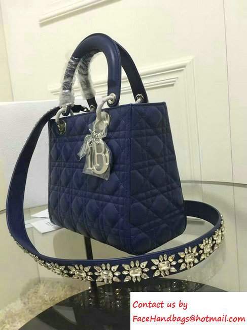 Lady Dior Sheepskin Medium Bag Royal Blue with Embroidered Crystal Chain Shoulder Strap 2016