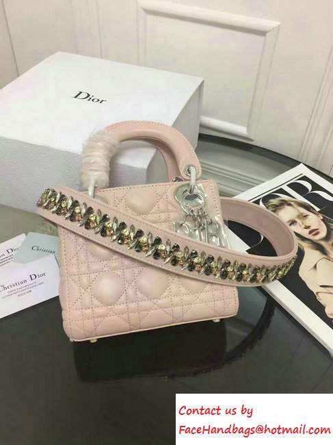 Lady Dior Sheepskin Mini Bag Nude Pink/Multicolor with Embroidered Crystal Chain Shoulder Strap 2016