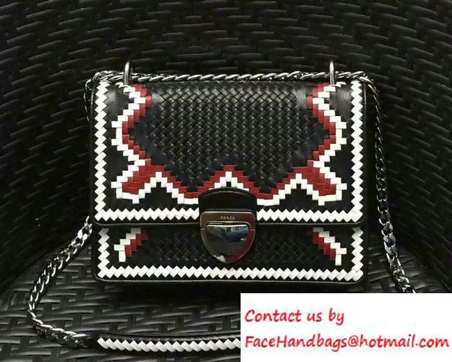 Prada Ethnic Motif Woven Leather Shoulder Bag 1BD038 Black/White/Red 2016