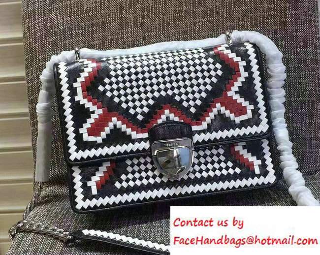 Prada Ethnic Motif Woven Leather Shoulder Bag 1BD038 White/Black/Red 2016