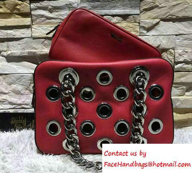 Prada Grommet Vitello Daino Chain Shoulder Bag Red Resort 2016