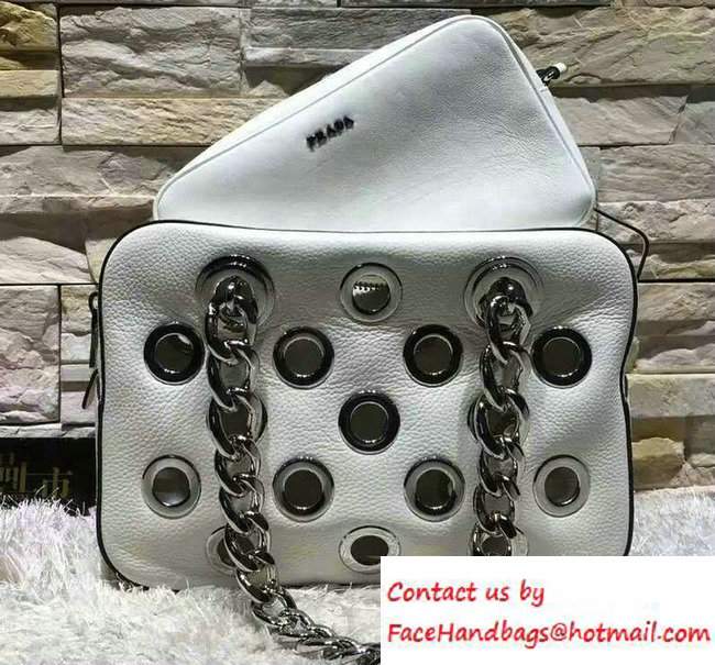 Prada Grommet Vitello Daino Chain Shoulder Bag White Resort 2016