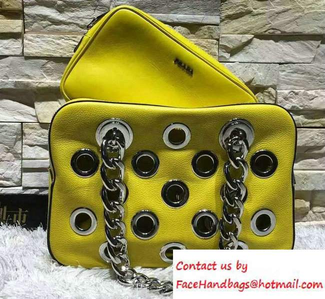 Prada Grommet Vitello Daino Chain Shoulder Bag Yellow Resort 2016